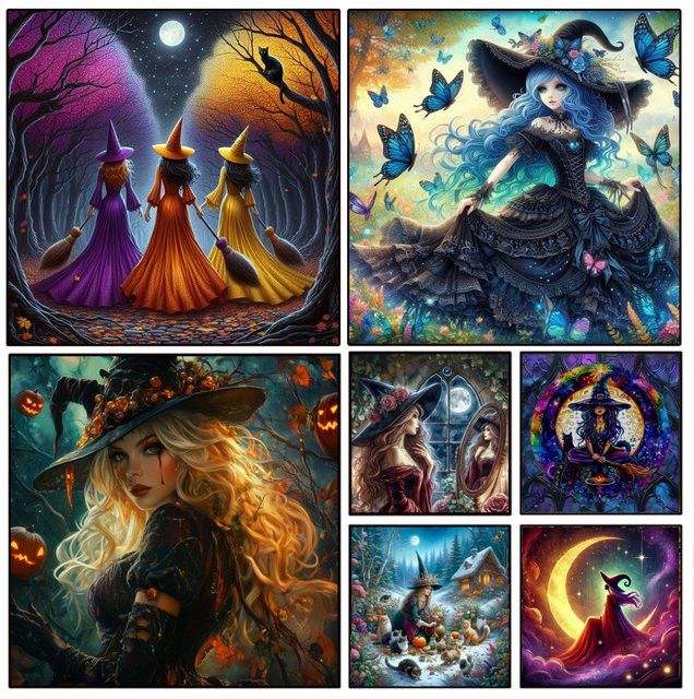 Potdemiel Halloween DIY Diamantmalerei Set mit Hexe, schwarzer Katze und Mond in Multicolor und Schwarz - Bild 1