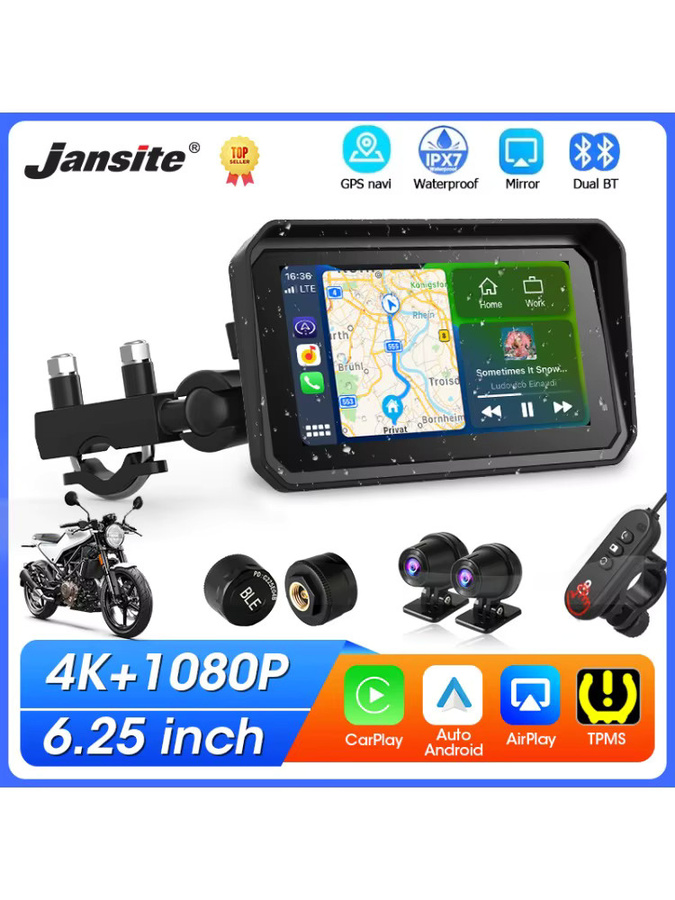 Jansite Motorrad CarPlay Bildschirm mit 6,25 Zoll Display, 4K DVR Video Recorder, GPS Navigation und Dual Objektiv, IPX7 Wasserdicht, Schwarz - Bild 6