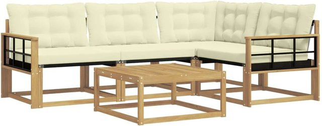 vidaXL Outdoor-Sofagarnitur aus Akazienholz in L-Form mit Textilene-Elementen und Polstern, Weiß und Beige, B/T/H: 79 x 79 x 37 cm - Bild 1