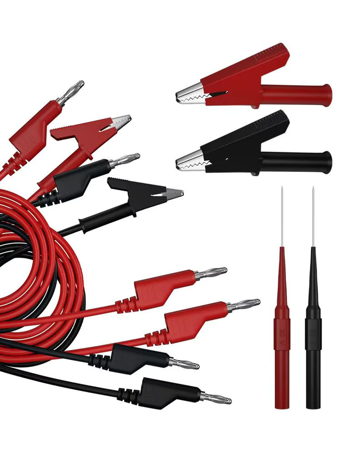 8-teiliger Multimeter-Messleitungssatz in Schwarz mit 4 mm stapelbaren Bananen-Doppelverbindern, Krokodilklemmenkabeln und Prüfspitzen - Bild 3