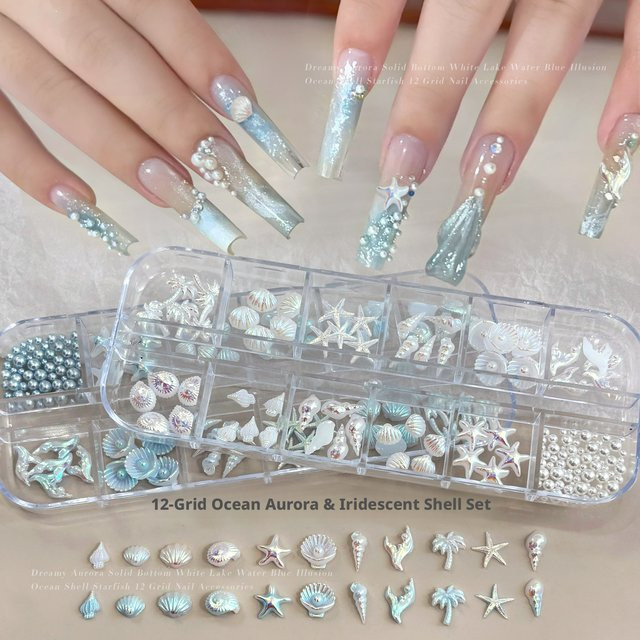 YYM Nagelschmuck-Set, 12-teilig, Seestern-Muschel-Design, Pink, Schimmernd - Bild 1