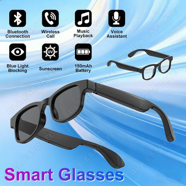 Ola Esporte AI Smart Brille mit Anti-Blaufilter, Bluetooth 5.3, wasserfeste quadratische Sonnenbrille für Anrufe, Musik und Sprachassistent in Schwarz oder Weiß - Bild 1