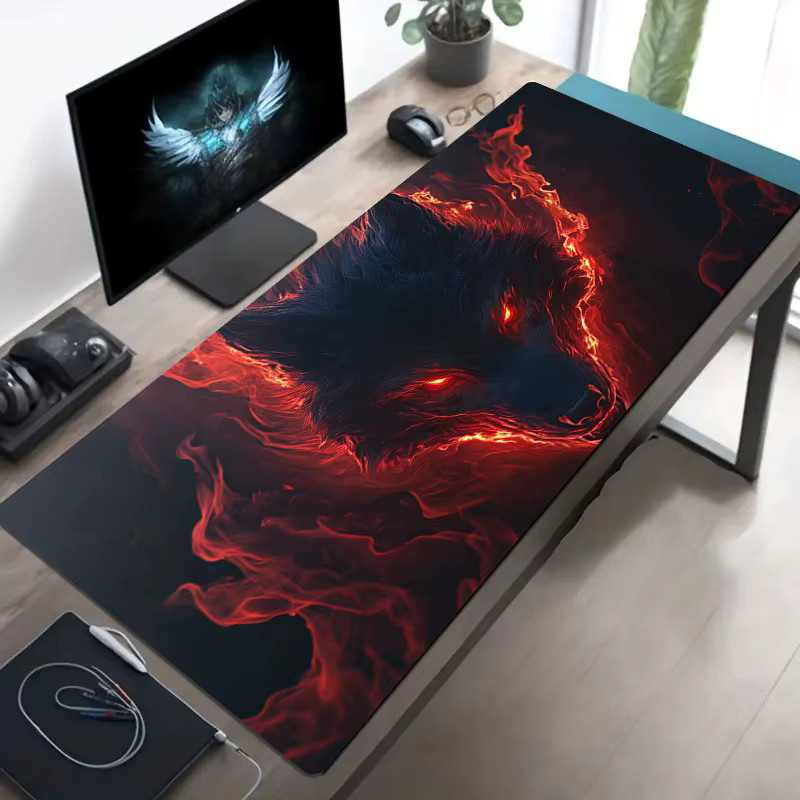 Vivid Red Gaming-Mauspad mit Fiery Wolf-Design, große Schreibtischunterlage in Rot - Bild 2