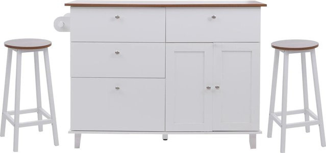 Kücheninsel MCW-P62 mit 2 Sitzhockern in Weiß und hellem Holz, Küchenschrank mit Schubladen und Staufächern, H x B x T: 90 x 131 x 47 cm - Bild 2