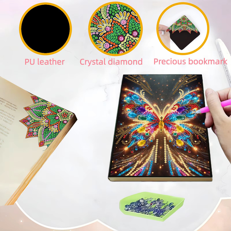 2er Set Diamond-Painting-Notizbuch mit Schmetterlingsmuster und Lesezeichen aus PU-Leder in Multicolour - Bild 4