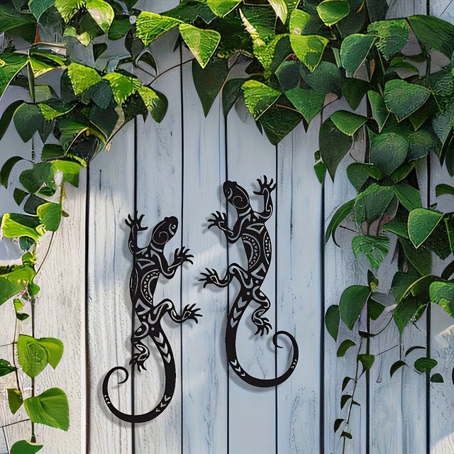 2er-Set rustikale Gecko-Wandkunst aus Metall in Schwarz von CIFBUY als dekorative Gartendekoration und Haken - Bild 1