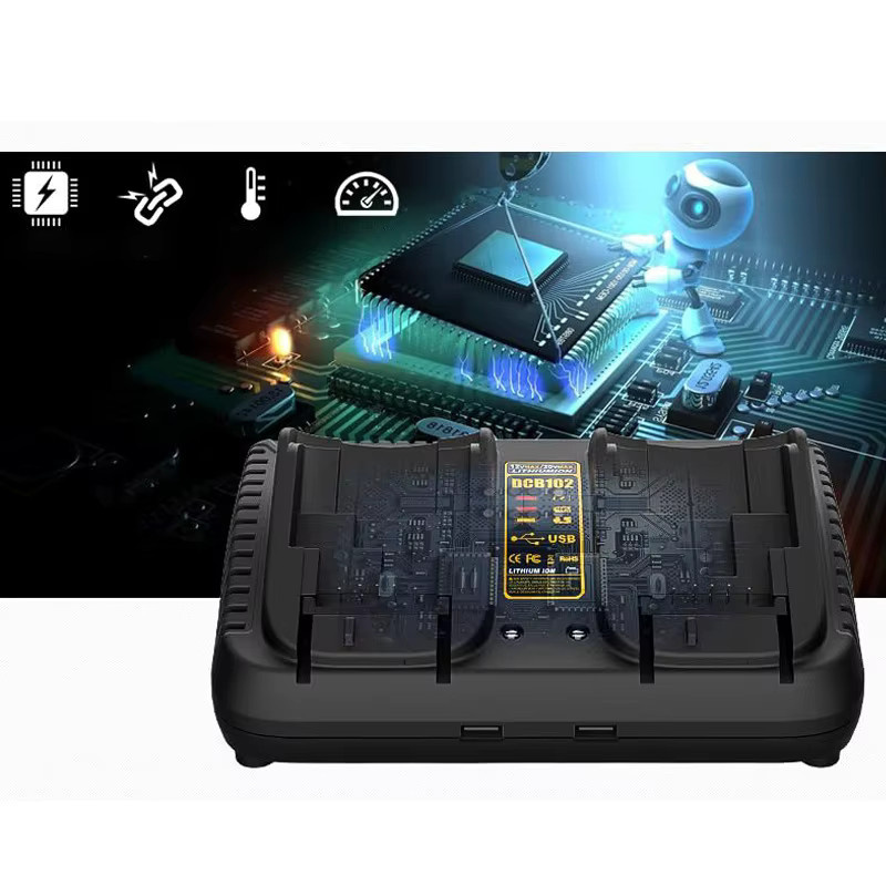 Dewalt Schnellladegerät mit zwei Ladestationen und USB-Anschlüssen für 12/20 V Lithium-Ionen-Akkus in Schwarz - Bild 3