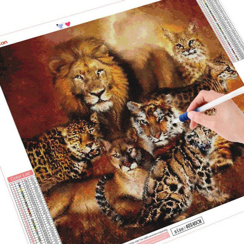 FIYO 5D Diamantgemälde mit Tiermotiv Löwe und Tiger, runde Diamantstickerei zur Heimdekoration, mehrfarbig, B/H: 30 x 30 cm - Bild 1
