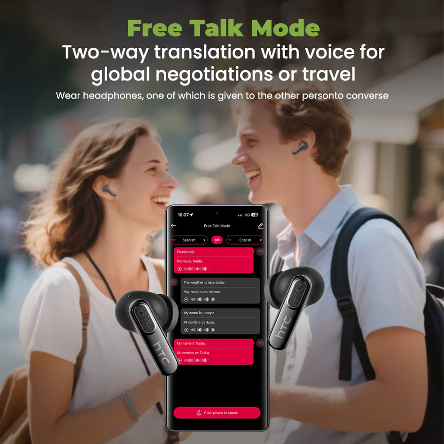 HTC NE60 AI Translator Wireless Earbuds Bluetooth In-Ear-Kopfhörer mit Geräuschunterdrückung und Mikrofon, Schwarz, IPX5 wasserdicht - Bild 5