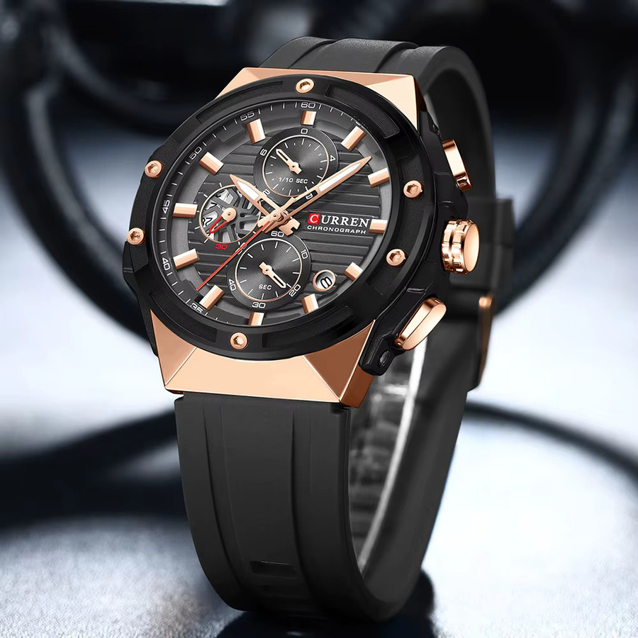 CURREN Chronograph Armbanduhr, Quarz, Edelstahl, Silikon, Schwarz, Herren - Bild 4