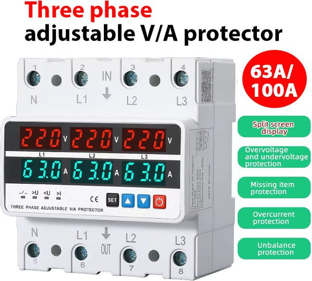 3 Phasen DIN-Schiene Voltmeter und Amperemeter mit einstellbarem Über- und Unterspannungsschutz sowie Strombegrenzung 63 A/100 A in Weiß - Bild 1
