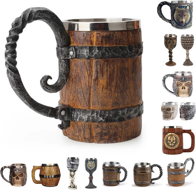 APWIKOGER Wikinger Bierkrug in Holzoptik, doppelwandiger isolierter Trinkbecher, braun - Bild 1