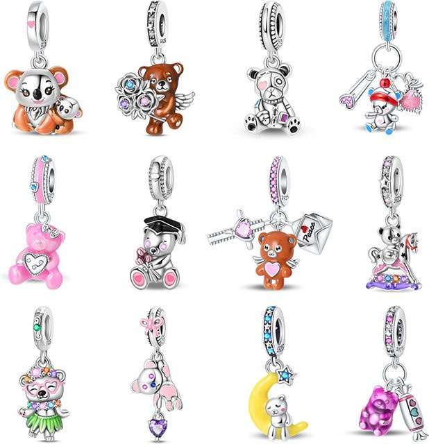 Qikaola Charms, 925 Silber, rosa herzförmige Bären, Unisex - Bild 1
