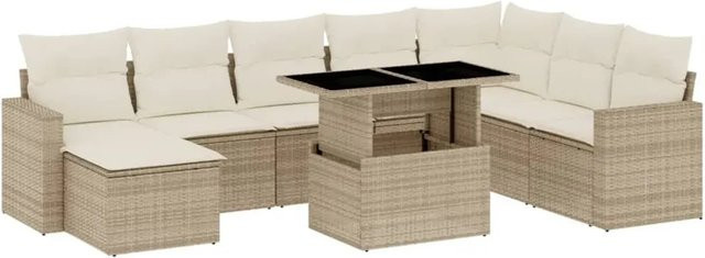 vidaXL 9-teilige Garten-Sofagarnitur in L-Form aus Poly-Rattan in Beige mit Kissen und Armlehnen - Bild 1