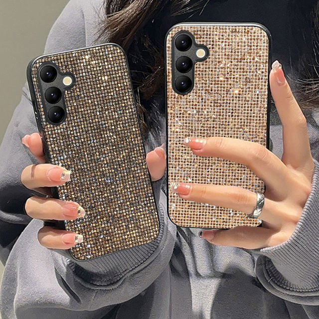 Luxuriöse Glitzer-Goldgitter-Lederhülle für Samsung Galaxy S25 S24 S26 A18 A17 A16 A37 A55 Plus FE Ultra Stoßfeste Weiche Schutzhülle in Gold - Bild 1