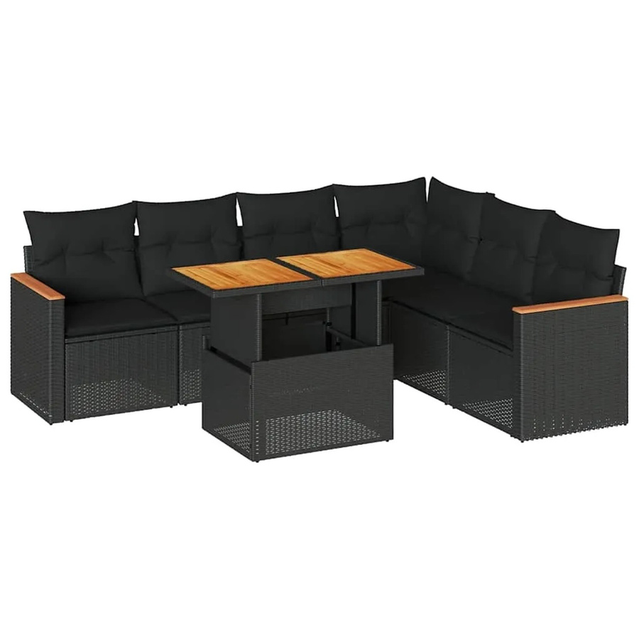 vidaXL 7-teilige Garten-Sofagarnitur in L-Form aus schwarzem Poly-Rattan mit Kissen und Akazienholz - Bild 2