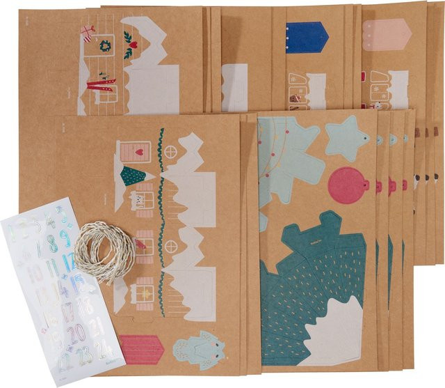 Adventskalender-Set Snow Village aus Kraftpapier zum Aufhängen - Bild 1