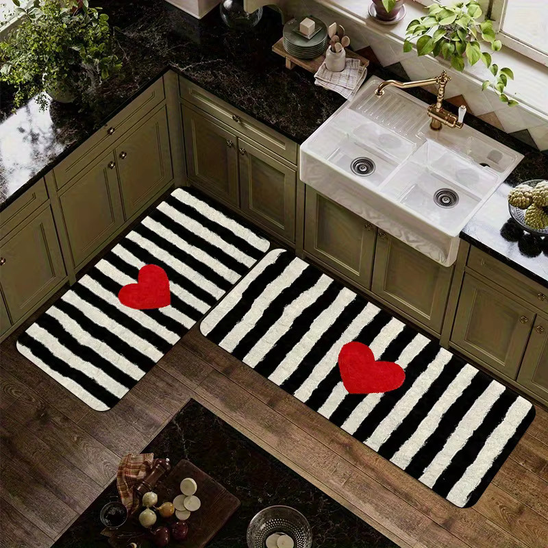 VIKAMA Badezimmer-Anti-Rutsch-Teppich mit minimalistischem schwarz-weiß gestreiftem Design und rotem Herz, rechteckig - Bild 3