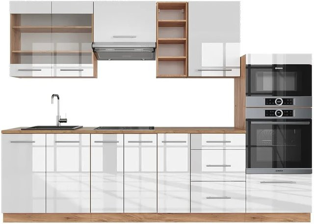 Vicco Fame-Line Küchenzeile Weiß Hochglanz und Eiche, Breite: 280 cm, Höhe: 82 cm, Tiefe: 60 cm - Bild 1