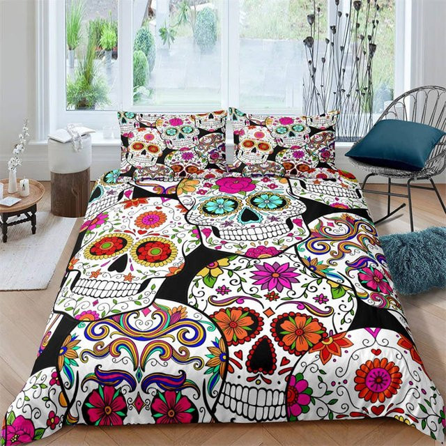 Zuckerschädel Bettwäsche Set mit Gothic Skelett und Floral Design von Binchi Outdoor Product, Mehrfarbig, B/H: 140 x 210 cm - Bild 1