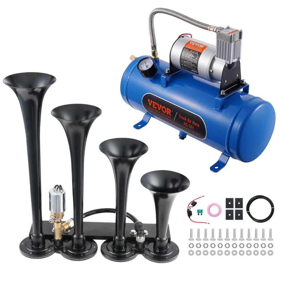 VEVOR Zughupen-Set mit 4 Trompeten und 190 W, 150 dB Lufthupen-Set für 12 V Fahrzeuge, inklusive 6 l Lufttank mit Manometer und Kompressor (90-120 psi) - Bild 1