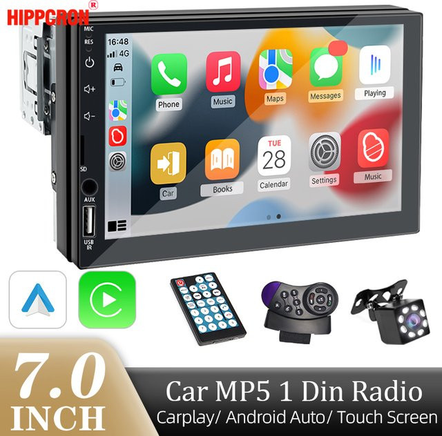 Hippcron 1 Din Carplay Autoradio mit 7 Zoll HD Touchscreen, Android Auto, Bluetooth und MirrorLink in Schwarz - Bild 1
