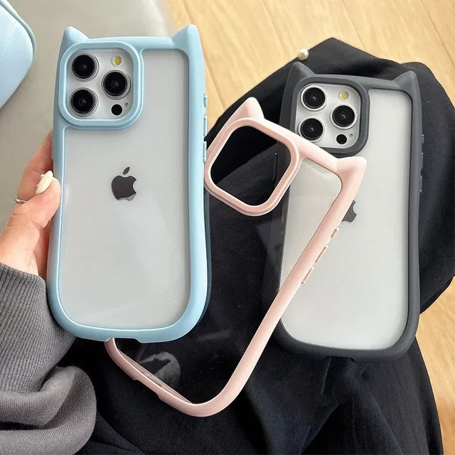 OLPAY Silikon Handyhülle mit niedlichem Cartoon-Katzen-Ohr für iPhone 15 14 13 12 Pro Max 11, transparent oder blau - Bild 1