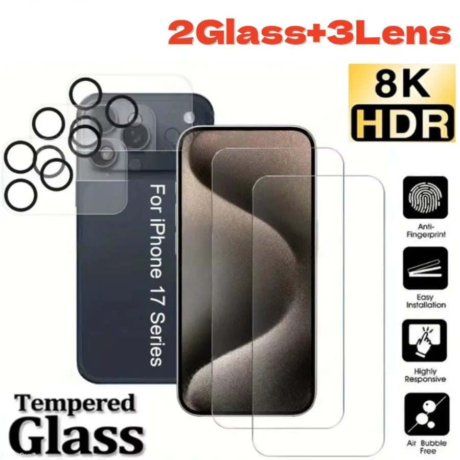 5-in-1 High Definition Hartglasfolie für iPhone 17 Pro Max 16 Pro 15 14 13 12 11 mit Kameraobjektivschutz 9H Härte, transparent - Bild 5