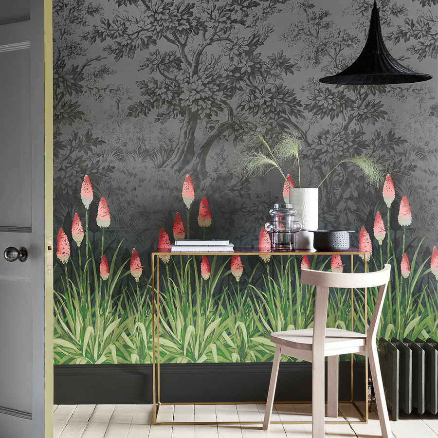 Little Greene Tapete Upper Brook Street Minuit in Grau mit floralem Vintage-Botanical-Design, Vlies-Tapete, Rolle - Bild 1