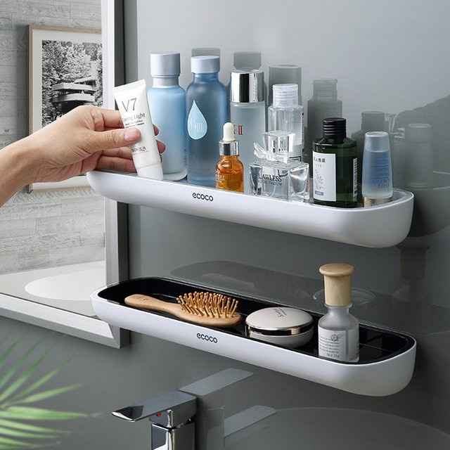 Ecoco Badezimmer Regal zur Wandmontage ohne Bohren, Organizer für Shampoo und Handtuch, Weiß, Kunststoff - Bild 1