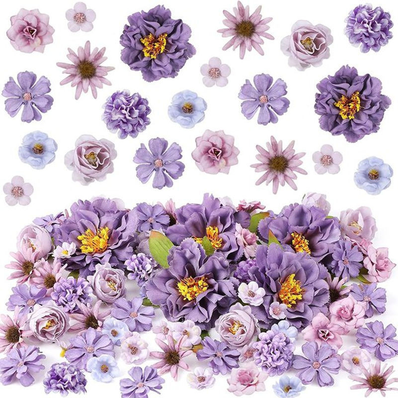 Mix aus 22 künstlichen Seidenblumen-Köpfen in Lila und Mehrfarbig für Hochzeitsdekoration, Braut-Haarschmuck und DIY-Geschenke - Bild 1