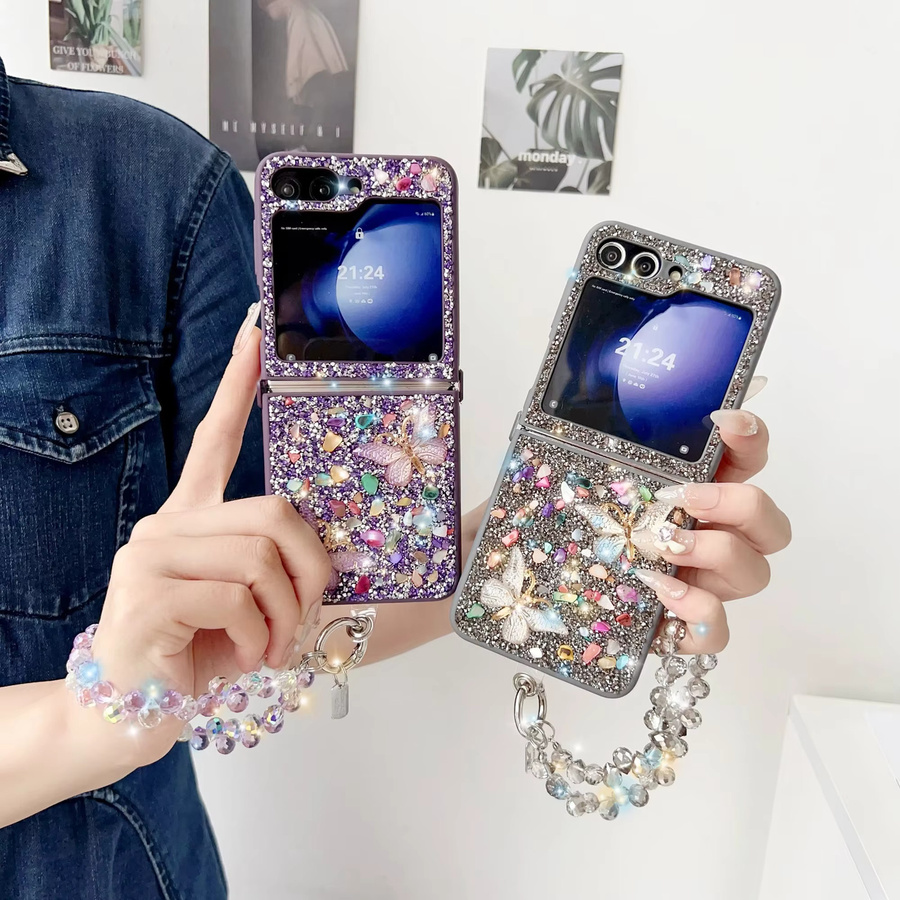 Glitzer Handyhülle mit Kristallsteinen und Handgelenk-Gurt für Samsung Galaxy Z Flip 7, 6, 5, 4, 3 5G in Grau - Bild 2