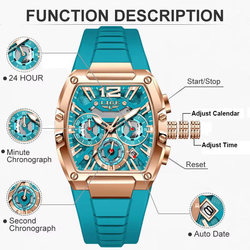 LIGE Chronograph Armbanduhr, Quarz, Silikon, Blau, Herren - Bild 3