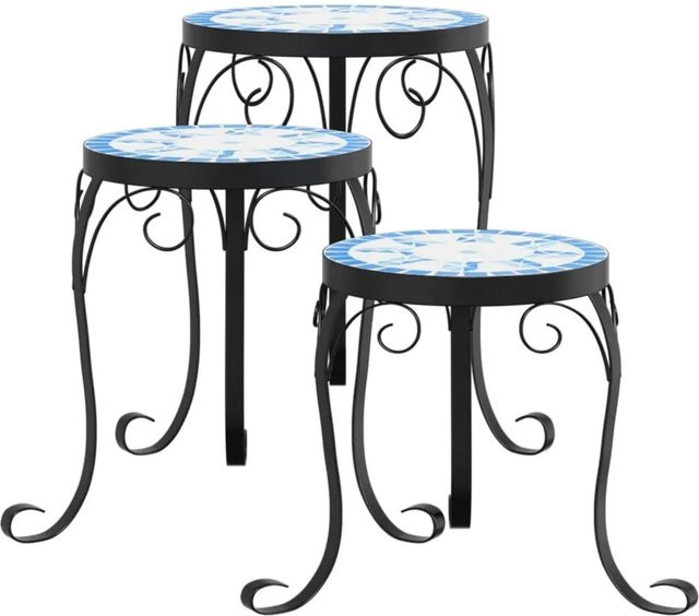 vidaXL Pflanzenständer Set aus 3 Stück in Blau und Weiß mit Keramik-Mosaik-Design und pulverbeschichtetem Eisen für Garten, Balkon oder Innenbereich - Bild 1