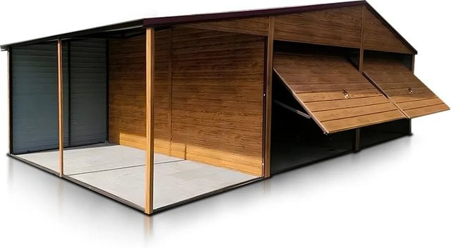Liderstal Doppelgarage Standard aus Trapezprofilblech mit Satteldach und Schwingtor in Holzoptik Braun, B/T/H: 600 x 500 x 290 cm - Bild 1