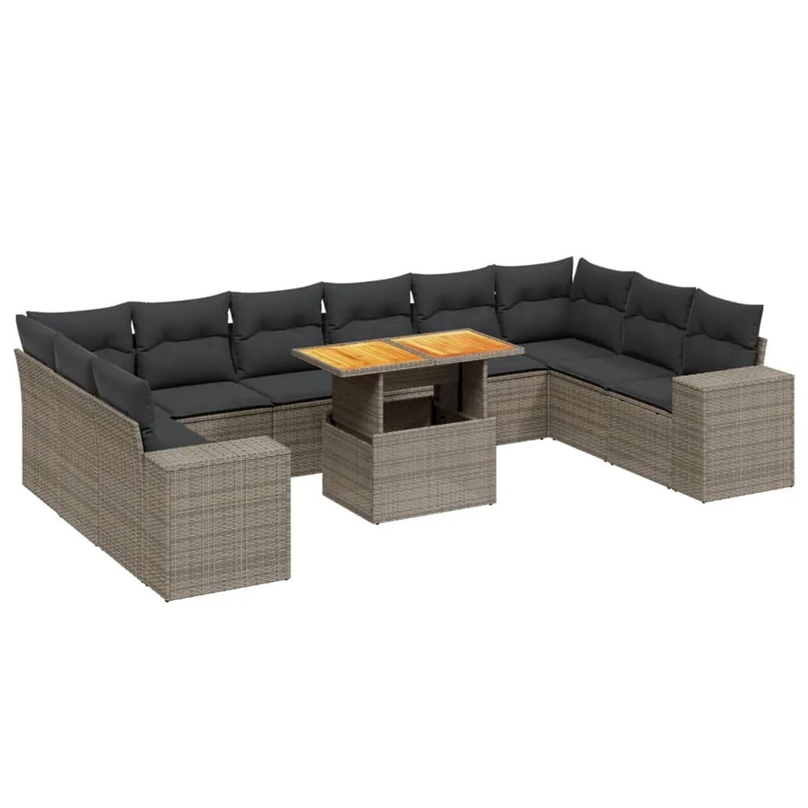 vidaXL 11-teilige Garten-Sofagarnitur in L-Form aus Polyrattan und Akazienholz mit Kissen, Grau - Bild 2