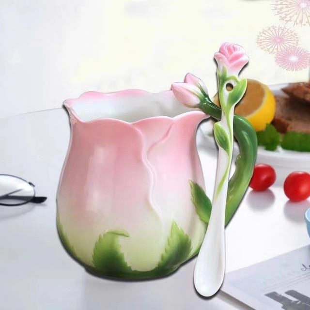NooLim Keramik Kaffeetasse in Rosenform mit Löffel, Rosa, 320 ml - Bild 1