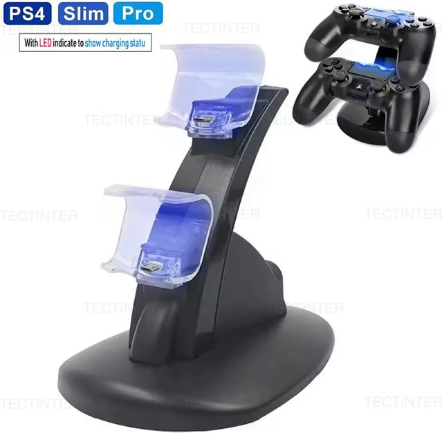 TECTINTER Duales Schnellladegerät für Sony Playstation 4 Controller, LED-Ladestation in Schwarz für PS4 Gamepads - Bild 1