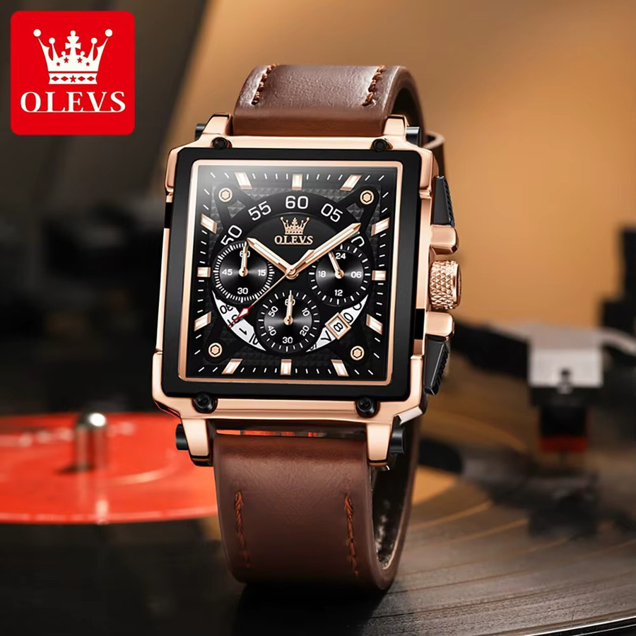 Olevs Armbanduhr, Quarz, Eckig, Lederband, Schwarz, Herren - Bild 2