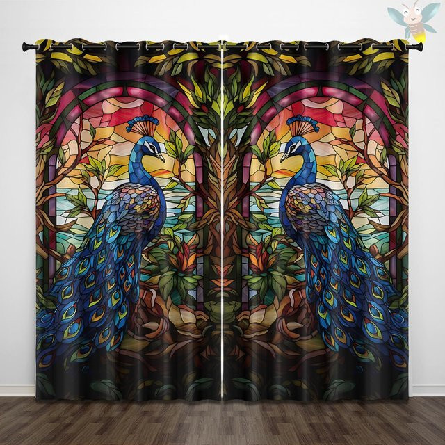 2er-Set Vorhänge mit Pfauenvorrankenmuster in Braun und Multicolour, halbtransparent, B: 140 cm, H: 160 cm - Bild 1