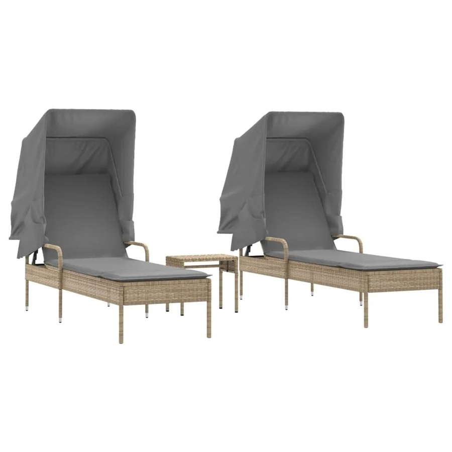vidaXL Sonnenliegen Set aus 2 Stück in Beige aus Poly Rattan mit Sonnendach und Tisch B/T/H: 200 x 62 x 130 cm - Bild 1