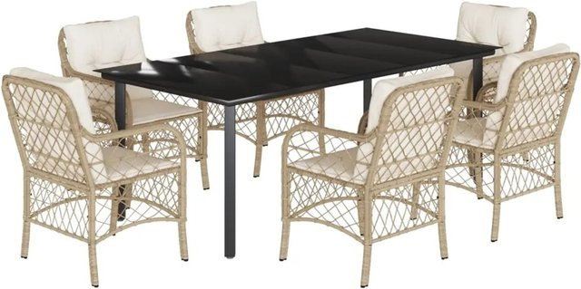 vidaXL 7-teilige Garten-Essgruppe aus Poly Rattan mit Kissen und Glastisch in Beige - Bild 1