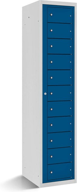 rotstahl Fächerschrank mit 11 Fächern und Zentraltür, Farbe Dunkelblau, Korpus Lichtgrau, B/T/H: 40 x 50 x 180 cm - Bild 1