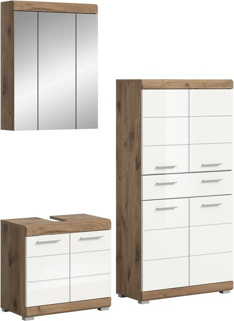 Badkombination Wave von xonox.home in Weiß Hochglanz und Nox Oak, 3-teiliges Badezimmer-Set mit Spiegelschrank, Waschtischunterschrank und Standschrank, B/H/T: 149 x 191 x 34 cm - Bild 1