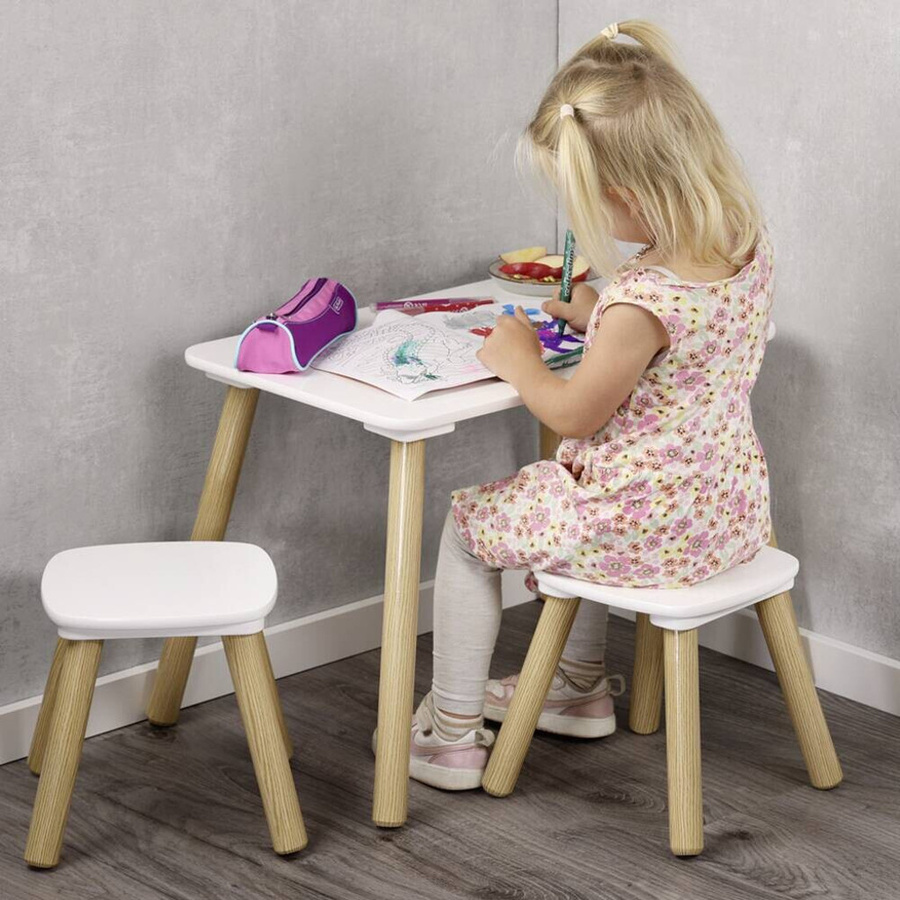 Kesper Kindertisch Set mit 2 Hockern aus Holz in Weiß und Braun, FSC-zertifiziert, B/H/L: 38 x 43,5 x 58 cm - Bild 2