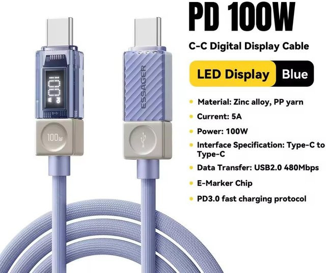 Essager USB C zu USB C Schnellladekabel mit Digitalanzeige, 100W PD, 5A, Blau, Länge: 2 m - Bild 1
