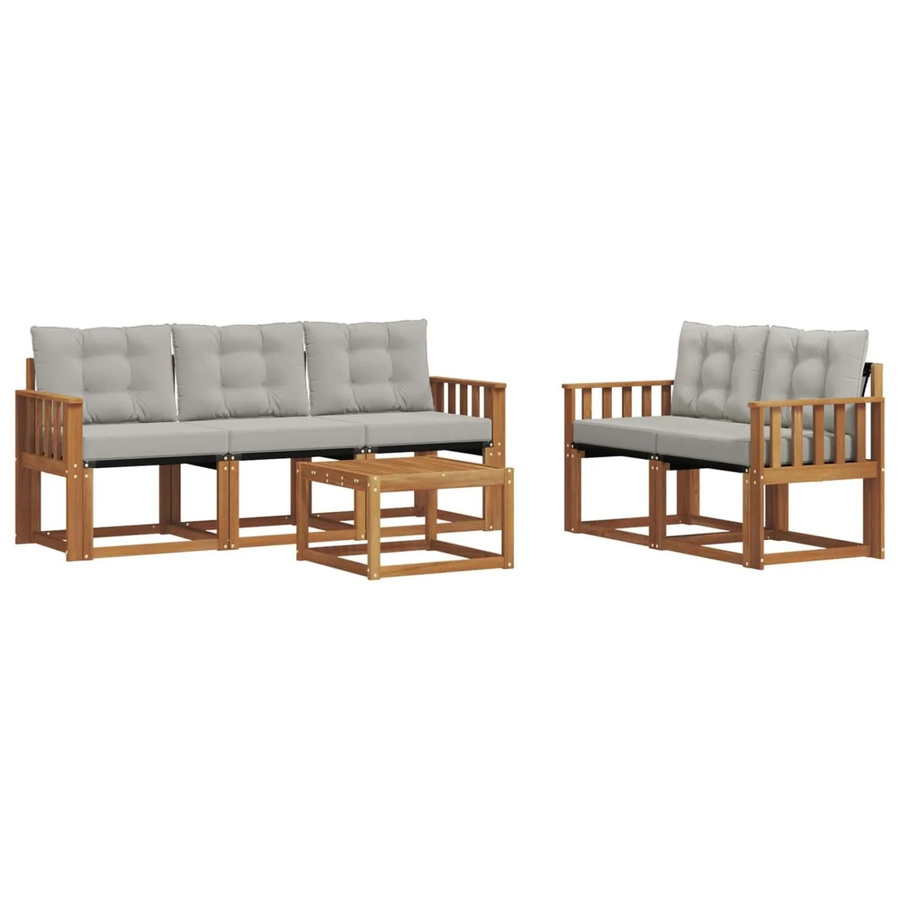 vidaXL Outdoor-Sofagarnitur 6-teilig aus Akazienholz mit Textilene und Kissen in Natur und Hellgrau - Bild 2