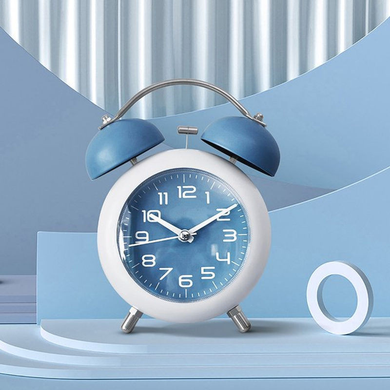 Analoger Doppelglocken-Wecker aus Metall in Blau mit Hintergrundbeleuchtung, runde Quarz-Tischuhr, Durchmesser: 10,16 cm - Bild 1