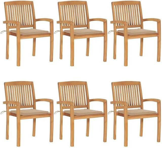 vidaXL Gartenstuhl-Set aus Teak-Massivholz mit Kissen, 6 Stück, stapelbar, Braun/Beige - Bild 1