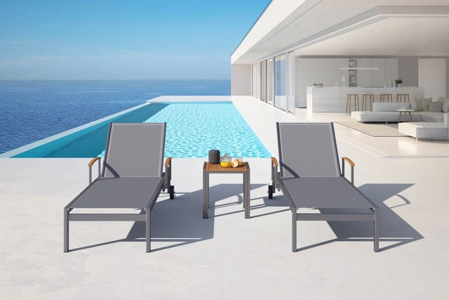OUTFLEXX 2er-Set Sonnenliegen mit Beistelltisch aus Edelstahl und Textilene in Taupe, B/T/H: 195 x 74 cm und 45 x 45 cm - Bild 1